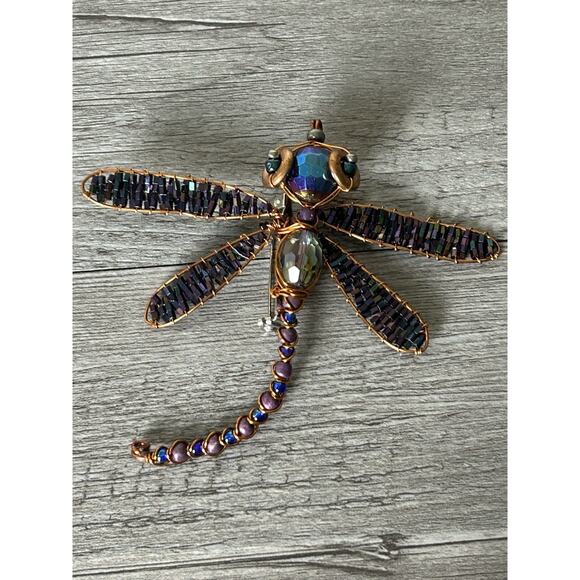 Cute Handmade Copper & Beaded Dragonfly Pin. Measures 4” - Picture 1 of 2
